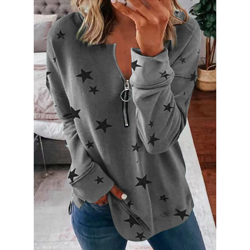 Women's Casual Sweatshirt with Zipper and Star Motif NOVAE