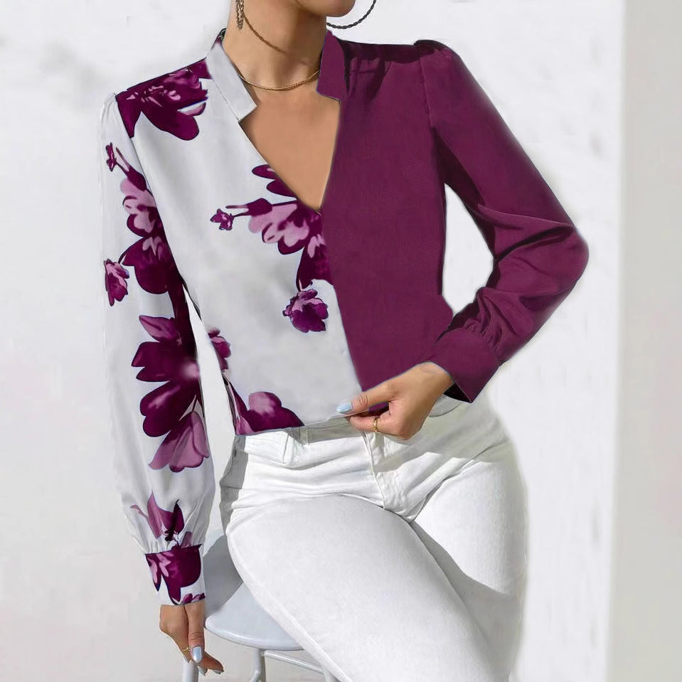 Women's blouse with unique floral pattern and elegant V-neck NOVAE
