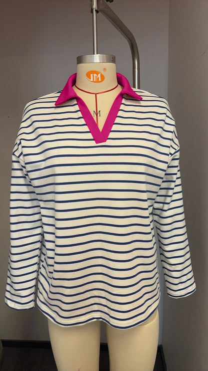 Women's striped polo shirt with V-neck and contrasting collar NOVAE