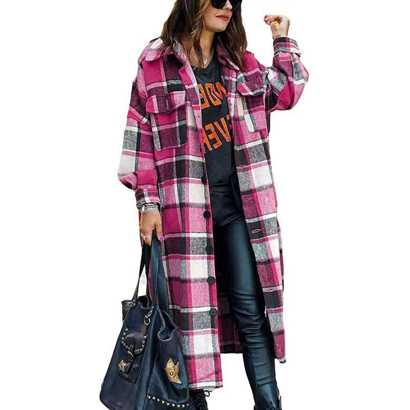 Women's Checkered Long Coat with Practical Pockets NOVAE