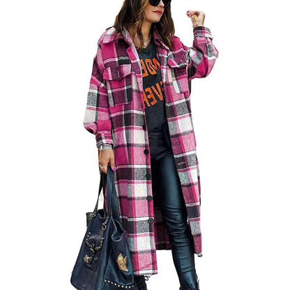 Women's Checkered Long Coat with Practical Pockets NOVAE