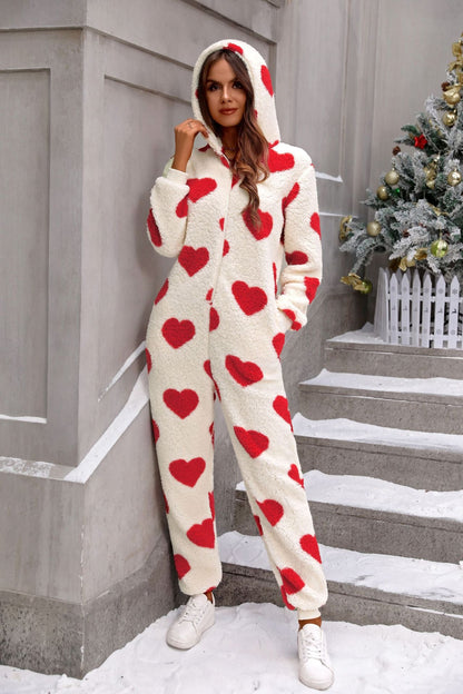 Women's hooded molton jumpsuit with heart pattern NOVAE