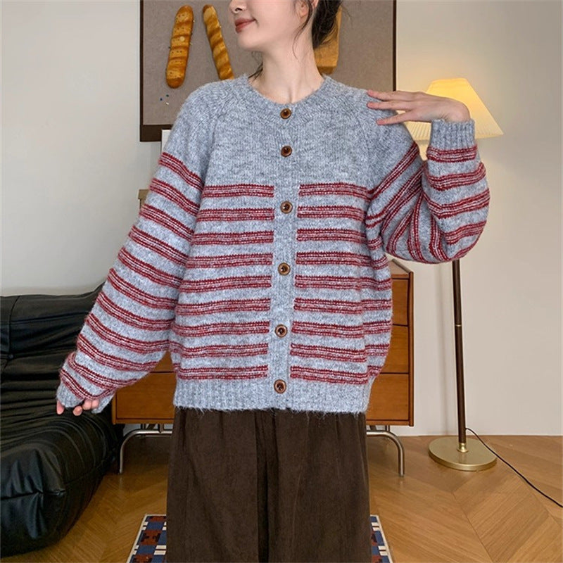 Women's chunky knit cardigan with modern stripes and button details NOVAE