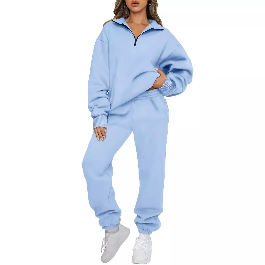 Women's Cozy Leisure Suit with Stand-Up Collar and Zipper NOVAE