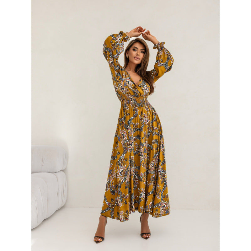 Women's maxi dress with deep V-neck and voluminous sleeves NOVAE