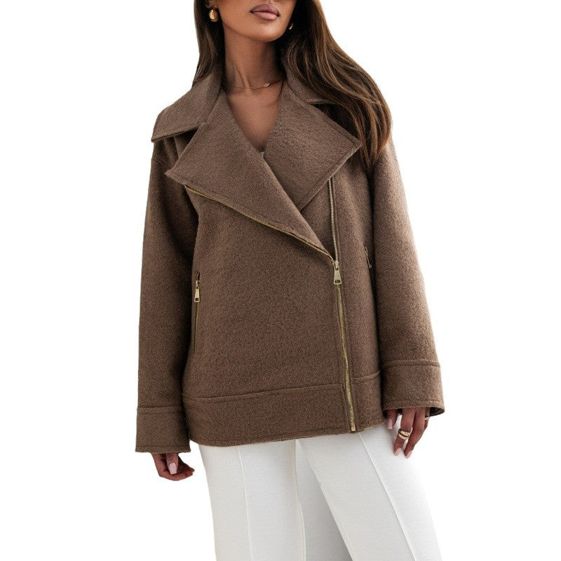 Women's elegant fluffy biker jacket with gold zipper details NOVAE