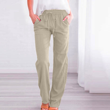 Women's Comfortable Linen Trousers with Elastic Waistband and Pockets NOVAE