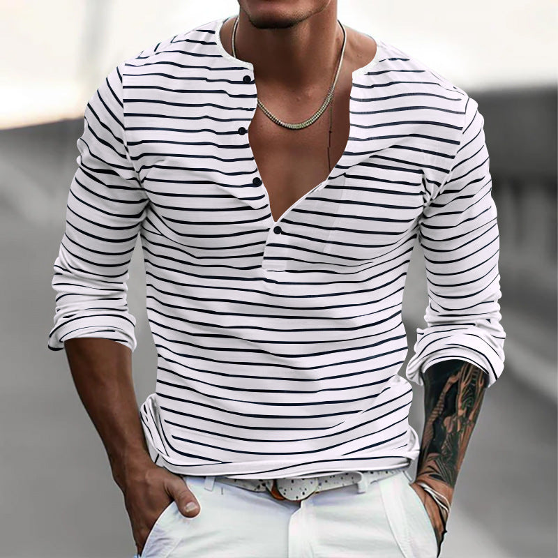 Men's striped long-sleeved shirt with button placket and V-neck NOVAE