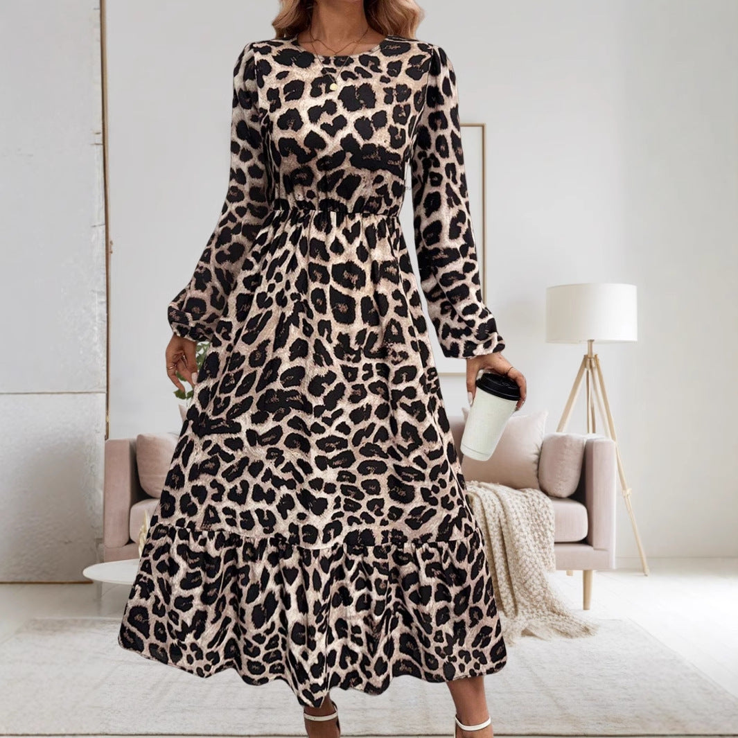 Women's Elegant Long-Sleeve Maxi Dress with Modern Animal Print and Asymmetrical Hem NOVAE