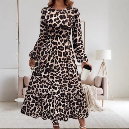 Women's Elegant Long-Sleeve Maxi Dress with Modern Animal Print and Asymmetrical Hem NOVAE
