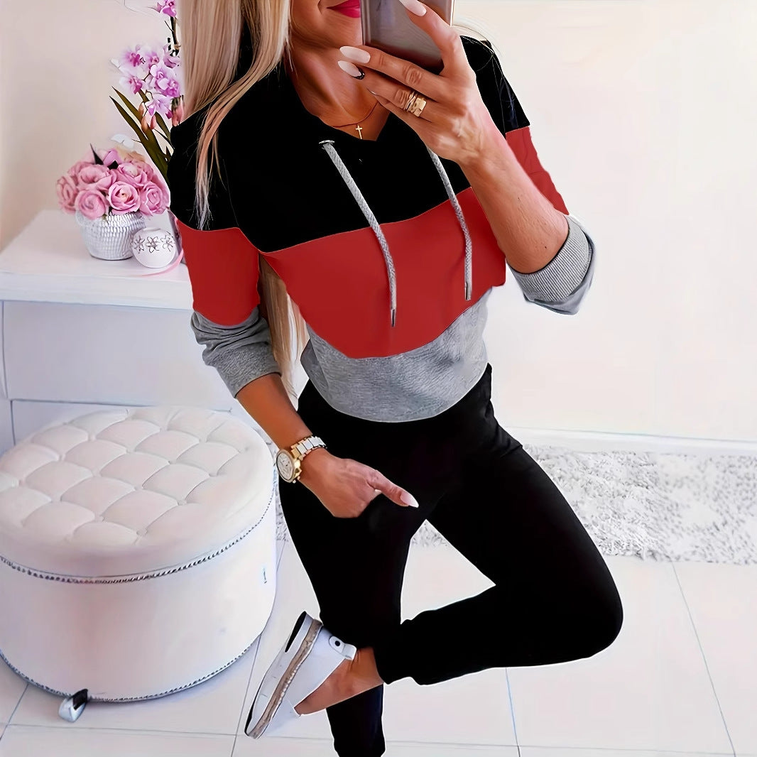 Women's fashionable casual pullover with hood and color block design NOVAE