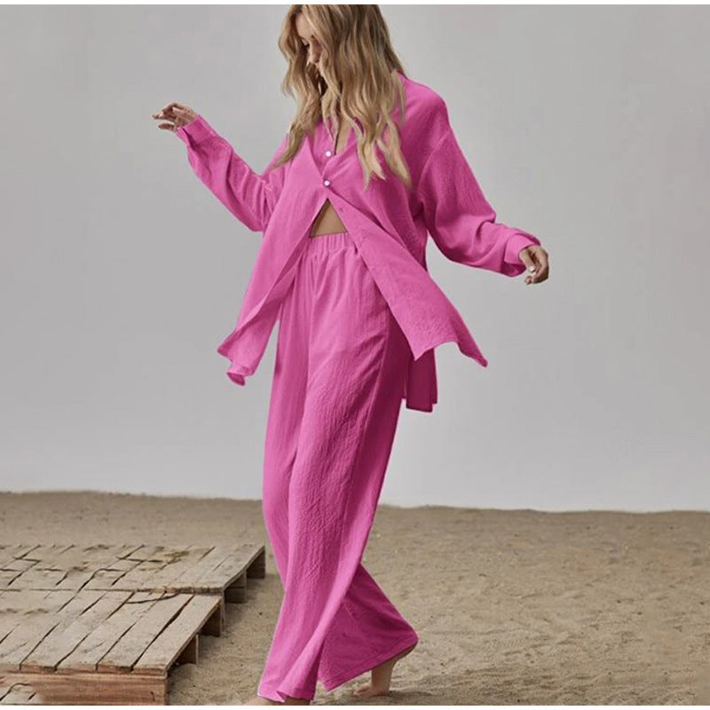 Women's Satin Pyjama Set with Long-Sleeved Blouse and Wide-Leg Trousers NOVAE