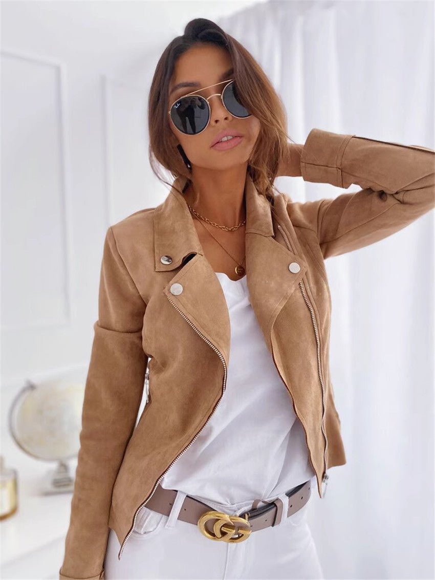 Women's suede biker jacket with a modern cut and practical zippers NOVAE
