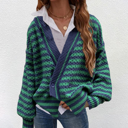 Women's chunky knit cardigan with V-neck and modern stripes NOVAE