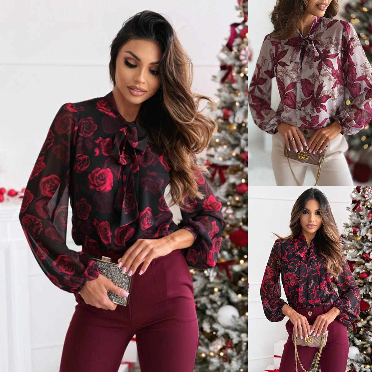 Women's transparent blouse with floral design and elegant bow collar NOVAE