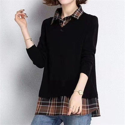 Women's layered knit sweater with V-neck and trendy shirt blouse NOVAE