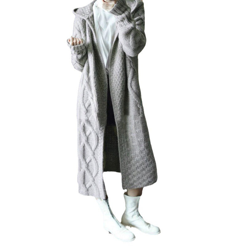 Women's Long Knitted Coat with Hood and Cable Pattern NOVAE