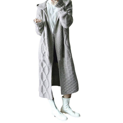 Women's Long Knitted Coat with Hood and Cable Pattern NOVAE
