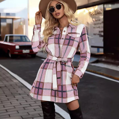 Women's Checkered Shirt Dress with Waist Belt and Chest Pockets NOVAE