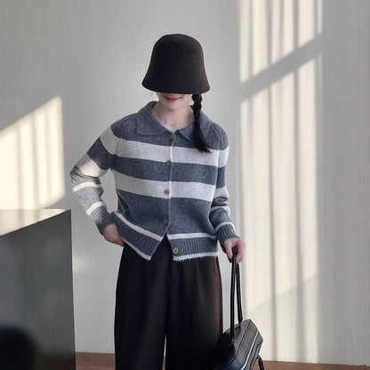 Women's fashionable knit cardigan with elegant stripes and wooden buttons NOVAE