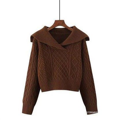 Women's knitted sweater with wide collar and sophisticated cable pattern NOVAE