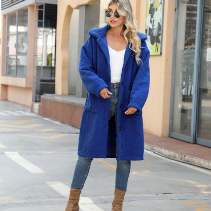 Women's Fluffy Fleece Coat with Large Patch Pockets and Button Details NOVAE