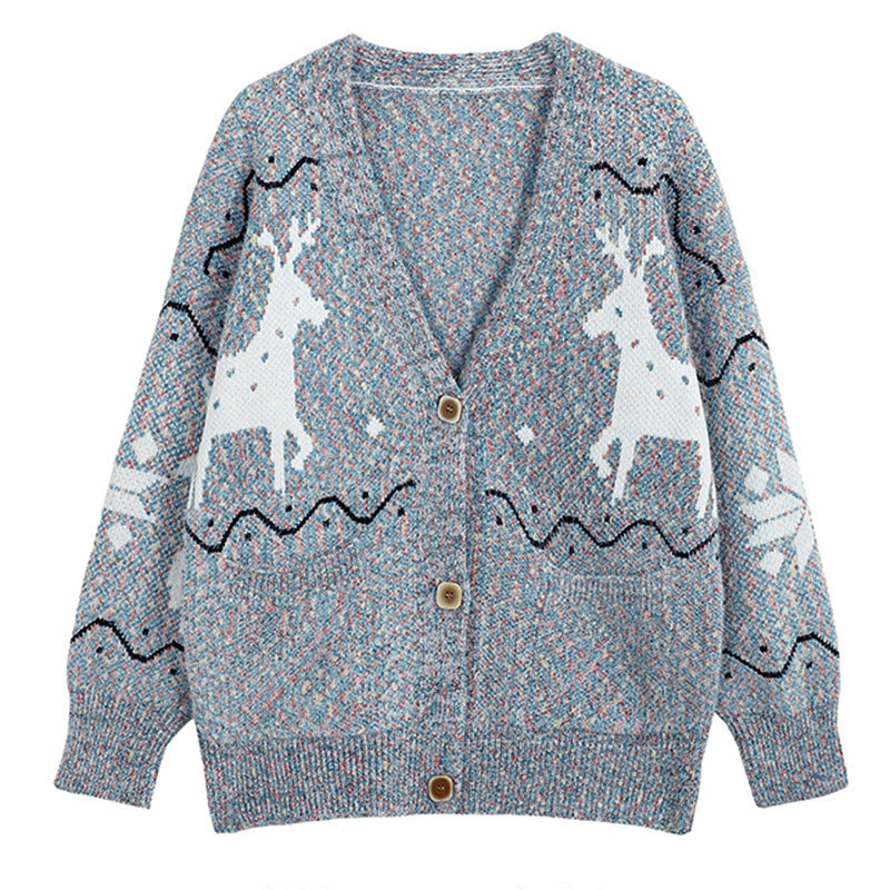 Women's Cozy Cardigan with Reindeer Motif and Pockets NOVAE