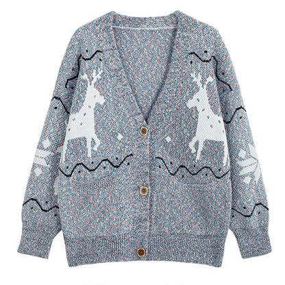 Women's Cozy Cardigan with Reindeer Motif and Pockets NOVAE
