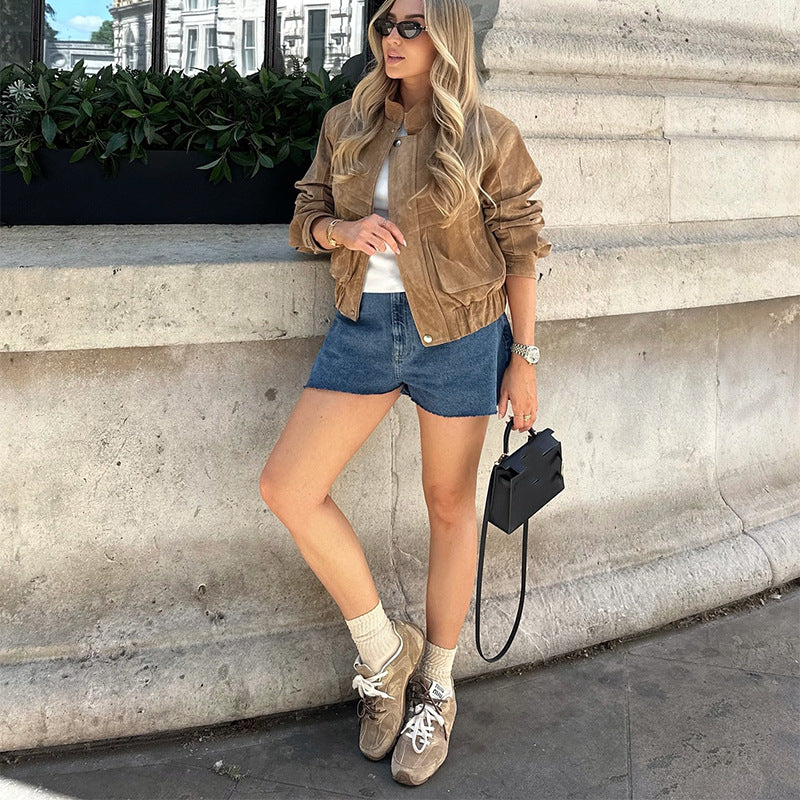 Women's suede jacket in a modern cropped style with pockets NOVAE