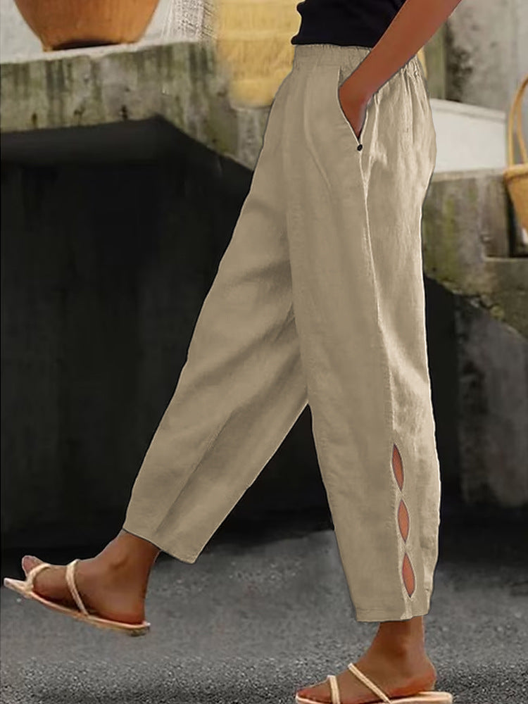 Women's lightweight linen trousers with side slits and elasticated waistband NOVAE