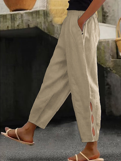 Women's lightweight linen trousers with side slits and elasticated waistband NOVAE