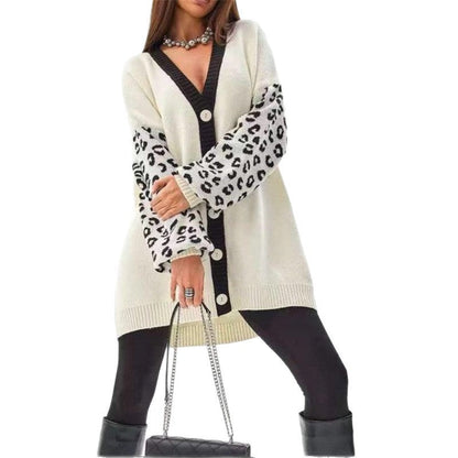 Women's chunky knit cardigan with leopard print and button detailing NOVAE