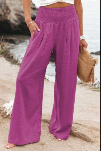 Women's airy linen trousers with elasticated waistband and wide cut NOVAE