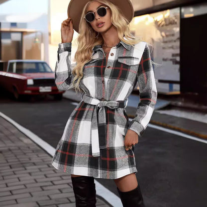 Women's Checkered Shirt Dress with Waist Belt and Chest Pockets NOVAE