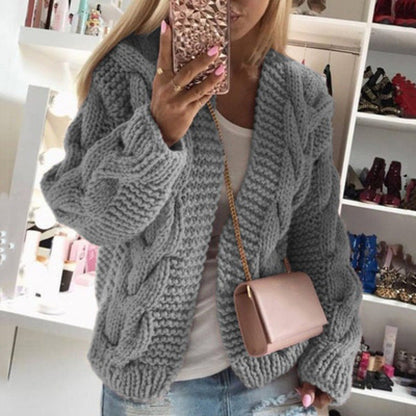 Women's knitted hooded jacket with voluminous fabric and cable knit pattern NOVAE