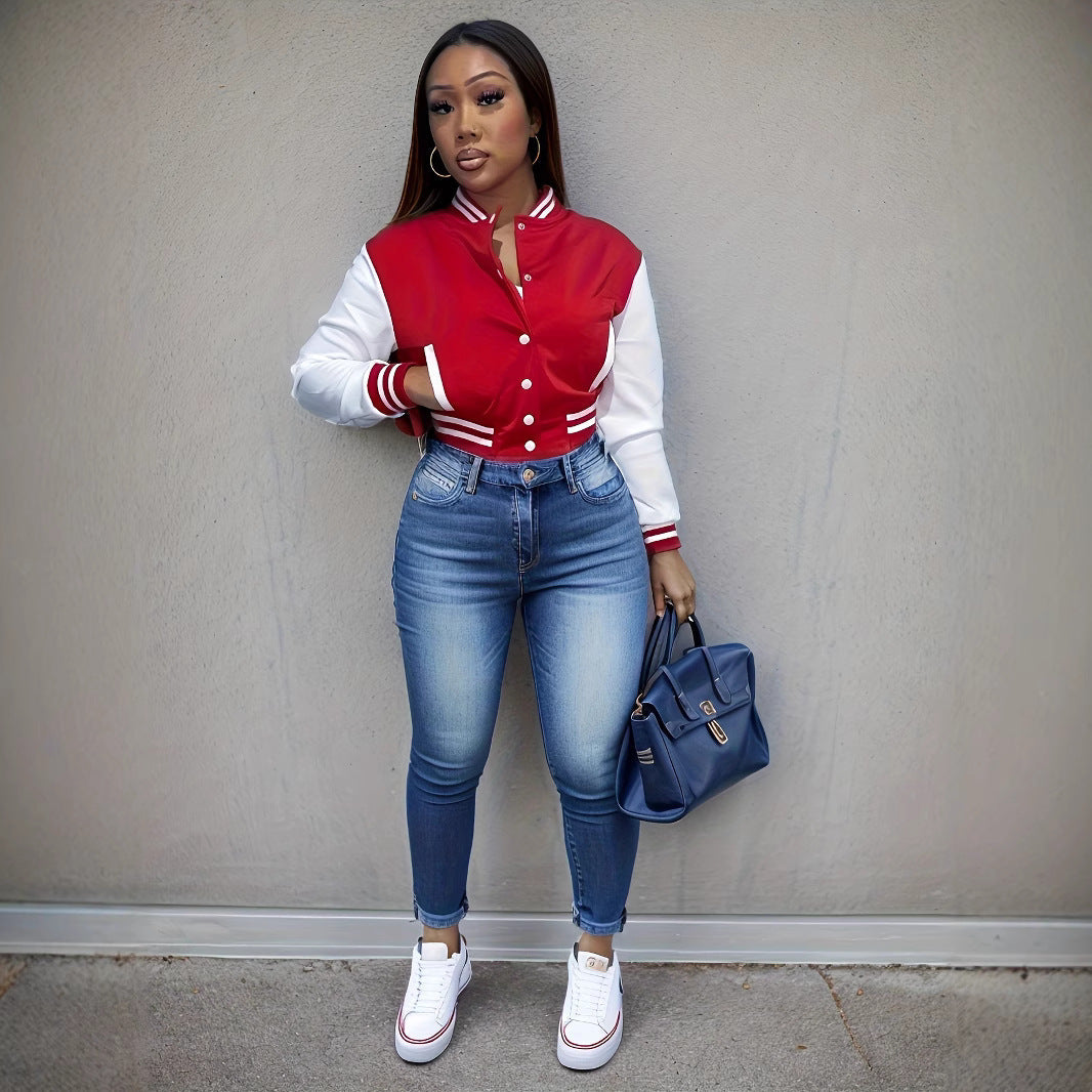 Women's varsity jacket with contrasting sleeves and structured collar NOVAE