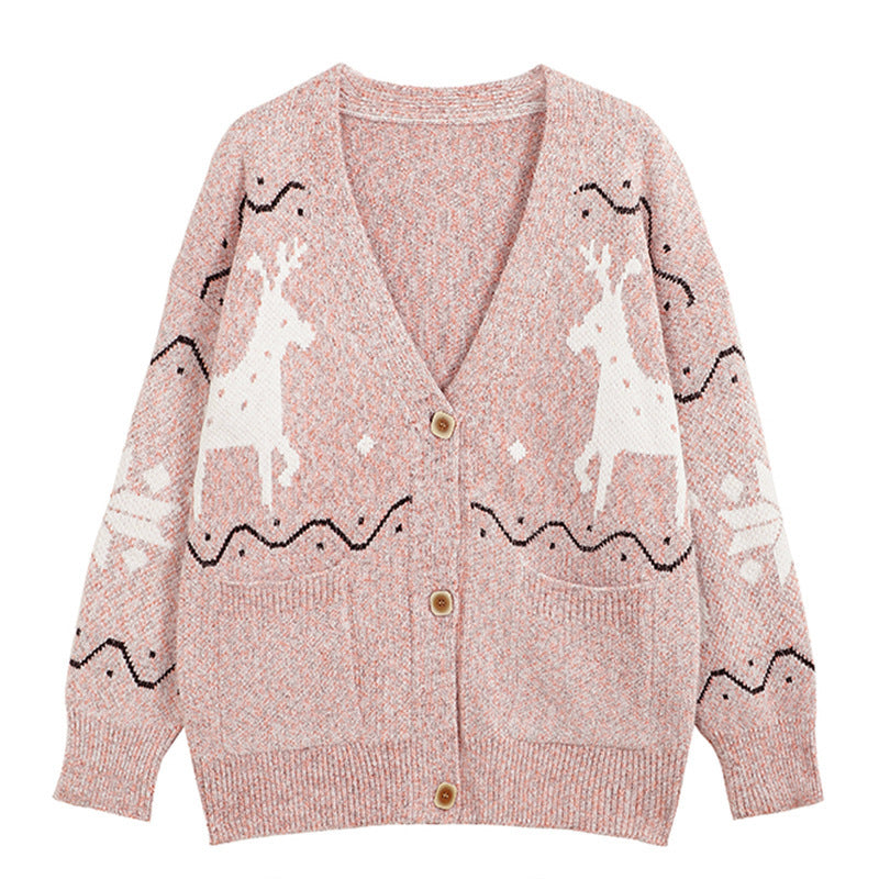 Women's Cozy Cardigan with Reindeer Motif and Pockets NOVAE