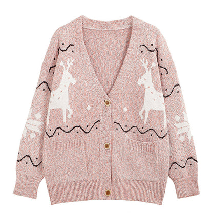 Women's Cozy Cardigan with Reindeer Motif and Pockets NOVAE
