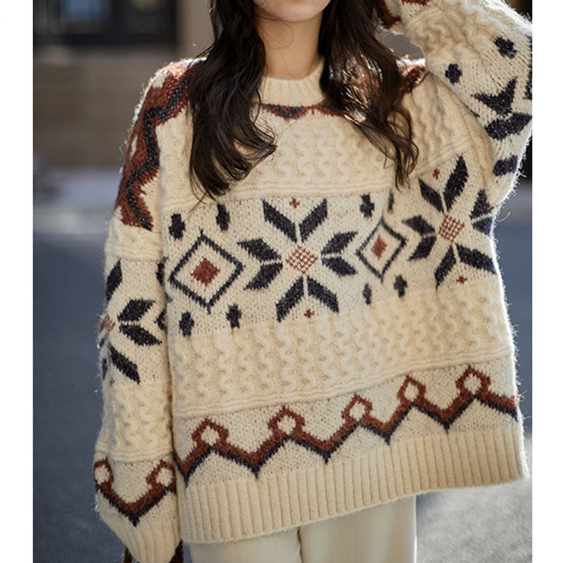 Women's chunky knit sweater with geometric pattern and round neckline NOVAE