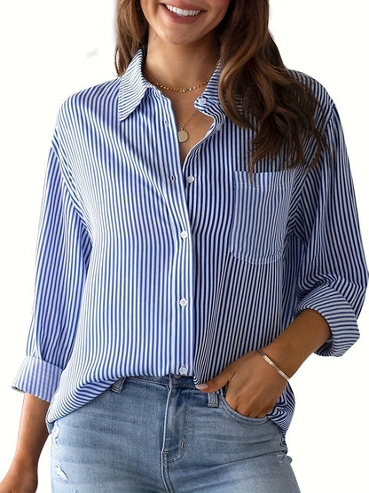 Women's long-sleeved blouse with fine stripes and chest pocket NOVAE