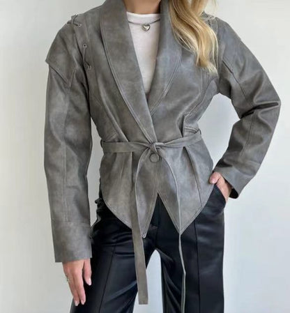 Women's elegant faux leather wrap jacket with decorative details NOVAE