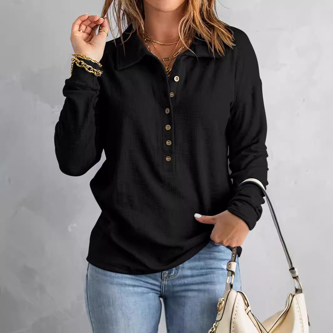 Women's long-sleeved blouse with buttoned collar and textured fabric NOVAE
