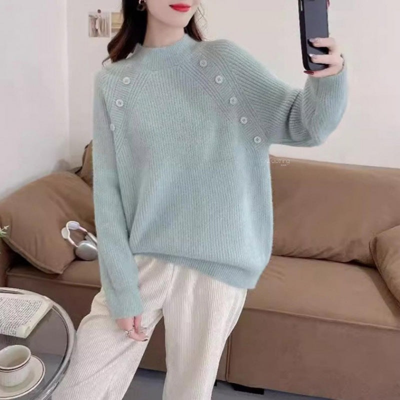 Women's chunky knit sweater with modern stand-up collar and button details NOVAE