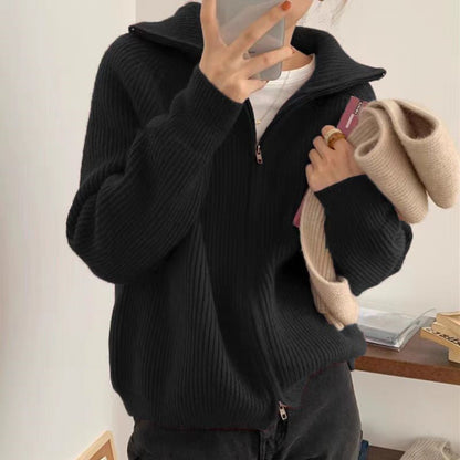 Women's cardigan with high collar and fashionable rib pattern NOVAE