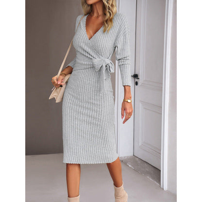 Women's wrap dress with deep V-neck and waist belt NOVAE