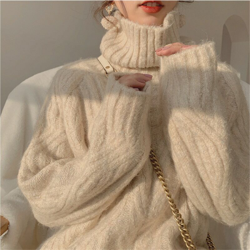 Women's chunky knit sweater with high collar and soft material NOVAE
