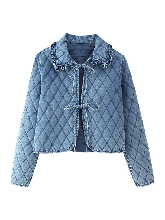 Women's quilted denim jacket with ruffle details and tie closure NOVAE