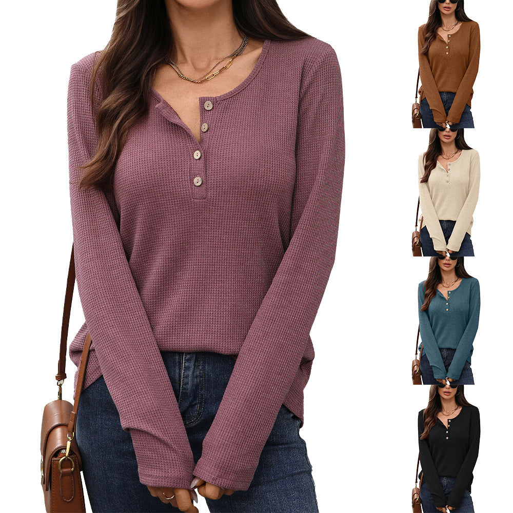 Women's waffle knit long-sleeved shirt with button placket NOVAE