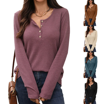 Women's waffle knit long-sleeved shirt with button placket NOVAE