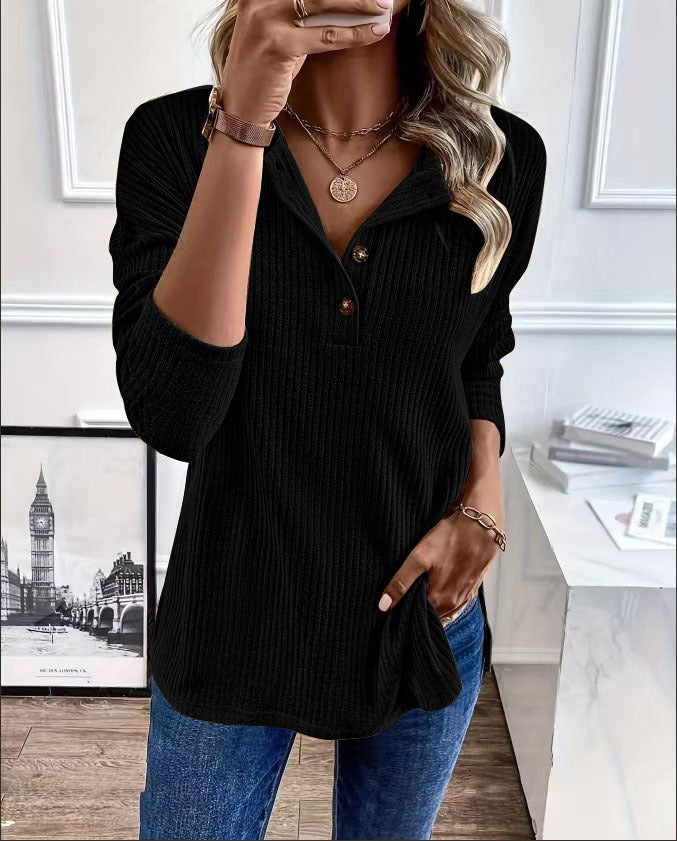 Women's casual ribbed sweater with button placket and 3/4 sleeves NOVAE